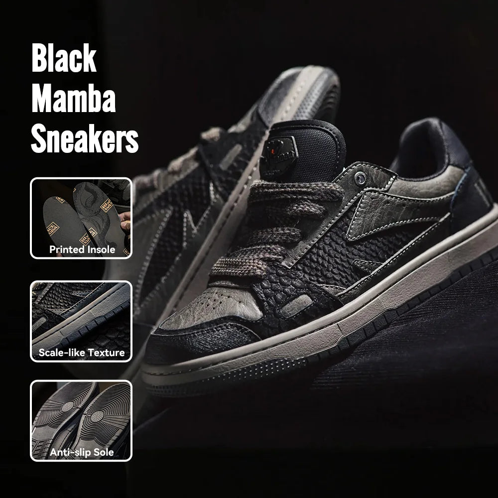 Maden Spring Casual Snake Year Black Mamba Men's Sneakers Low-Top Flat Sole Versatile Black Shoes for Autumn Skateboarding Shoes