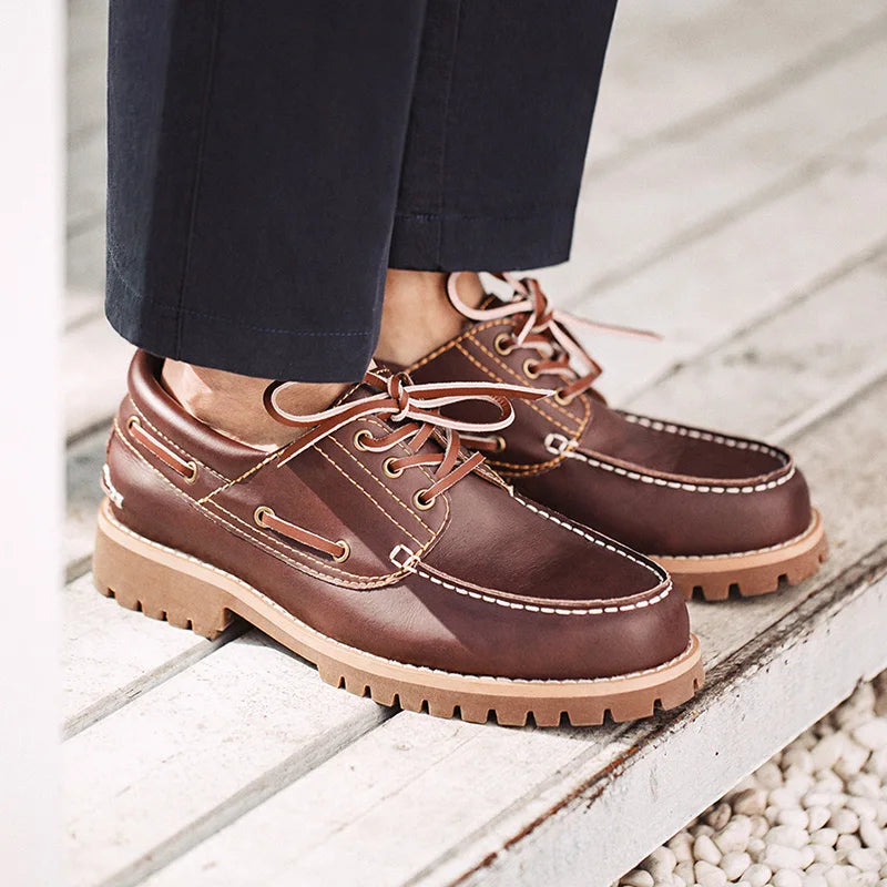 Maden Men's Vintage Split Leather Boat Shoes Lace-up Round Toe Derby Shoes Low Top Boots British Style Classic Work Dress Shoes