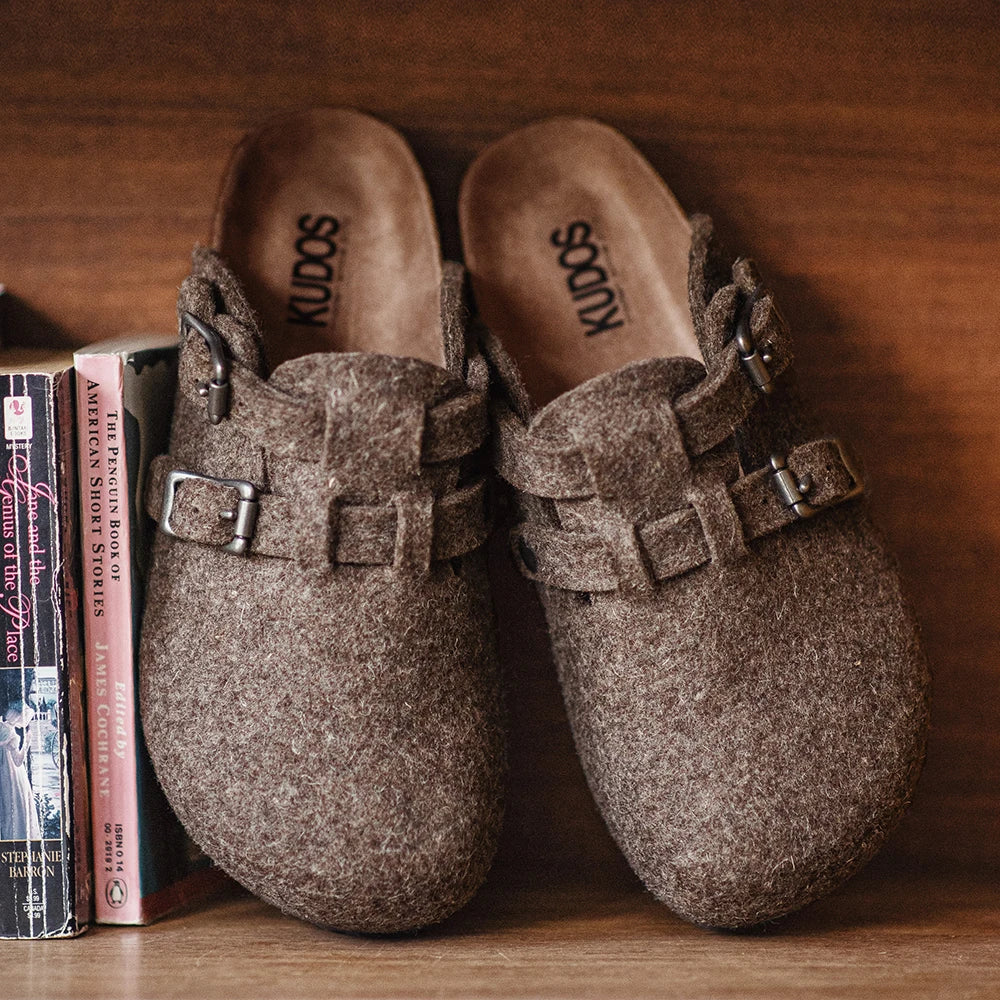 Maden Vintage Wool Felt Mules Slip-on Outdoor Cork Sole Half Loafers for Men's Autumn and Winter Slippers Versatile Home Shoes