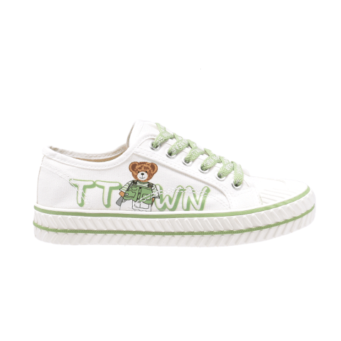 TTWN BEAR Low-Top White Canvas Green TTWN Lettering / Bear Shoes